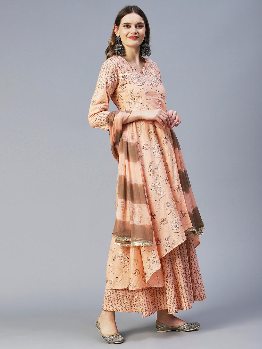 Floral Printed Mirror Embroidered Kurta With Palazzo & Dupatta - Peach - Indiakreations