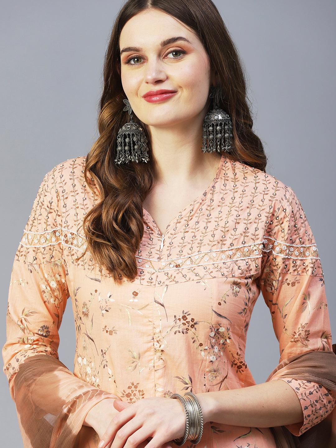 Floral Printed Mirror Embroidered Kurta With Palazzo & Dupatta - Peach - Indiakreations