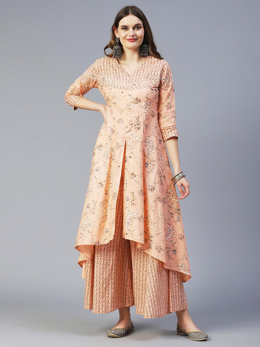 Floral Printed Mirror Embroidered Kurta With Palazzo & Dupatta - Peach - Indiakreations