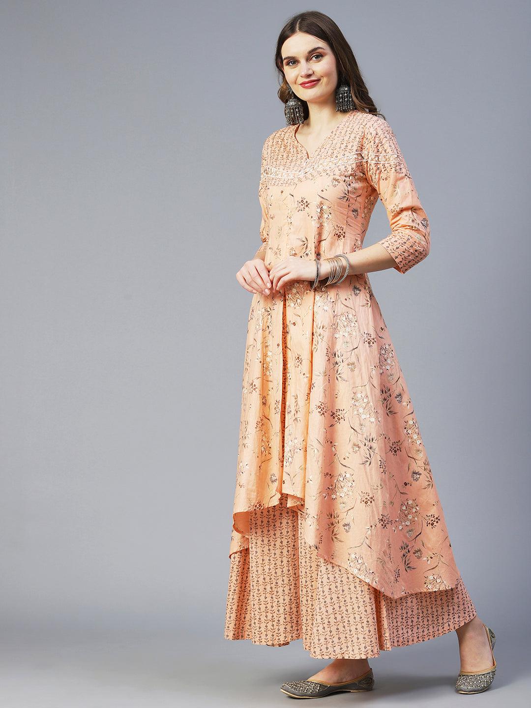 Floral Printed Mirror Embroidered Kurta With Palazzo & Dupatta - Peach - Indiakreations