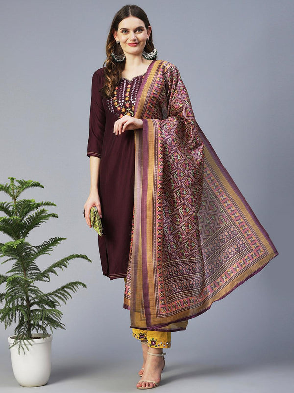 Solid Resham Embroidered Kurta With Pants & Printed Dupatta - Dark Mauve - Indiakreations