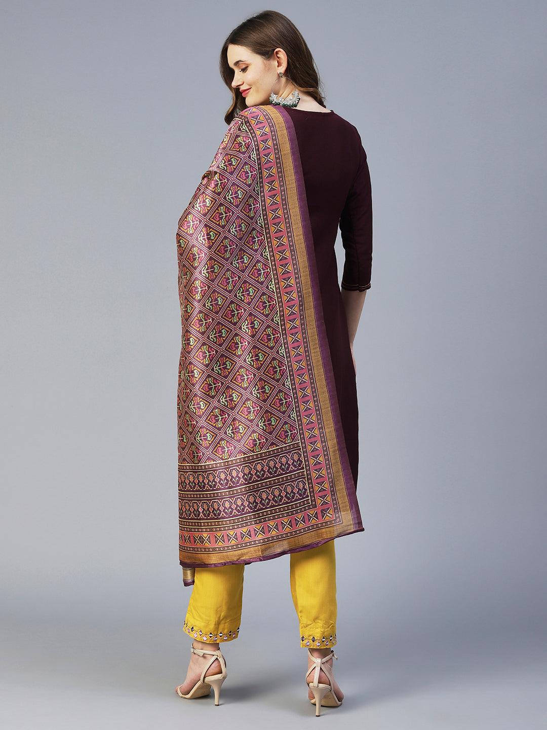 Solid Resham Embroidered Kurta With Pants & Printed Dupatta - Dark Mauve - Indiakreations