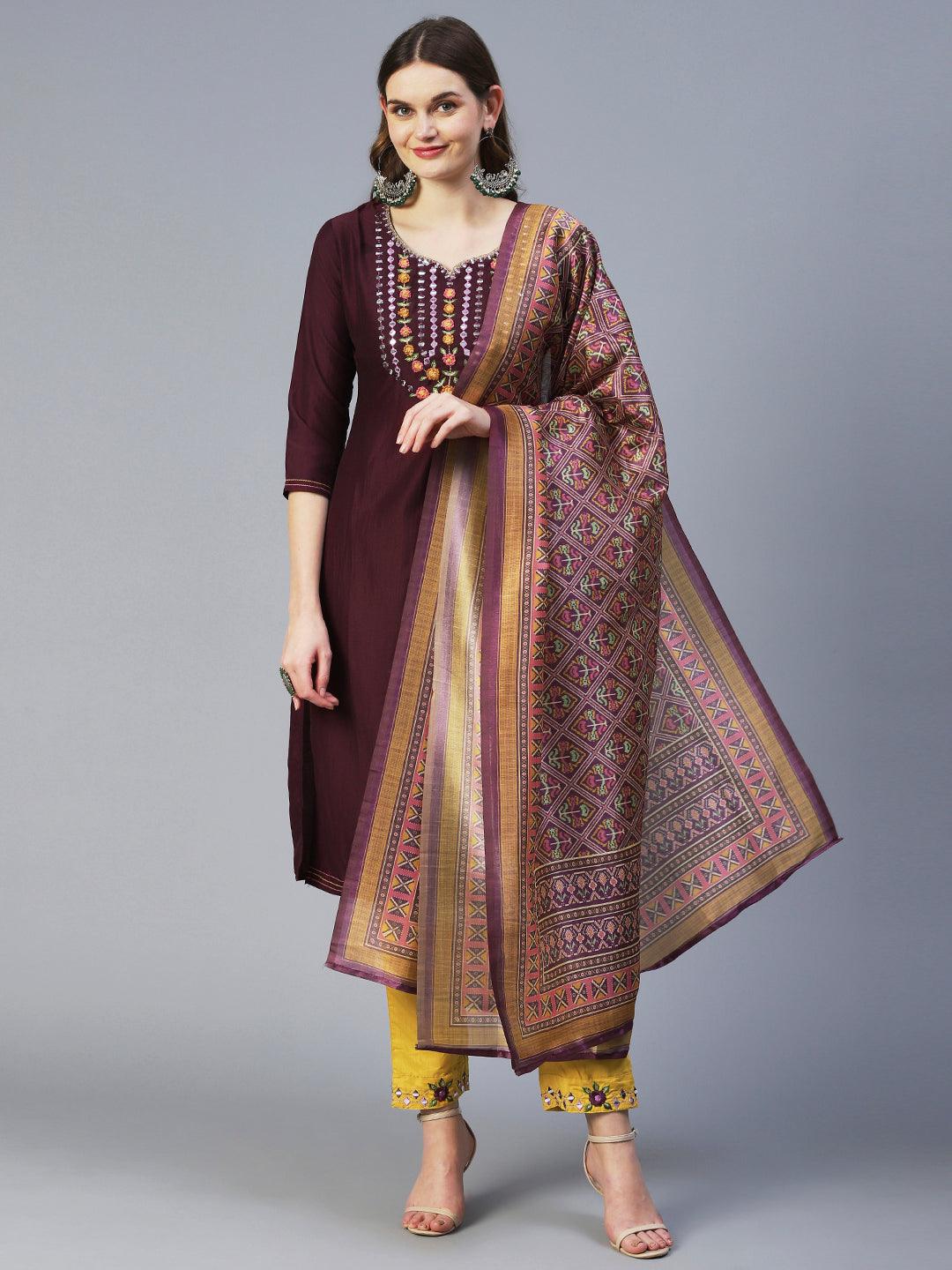 Solid Resham Embroidered Kurta With Pants & Printed Dupatta - Dark Mauve - Indiakreations