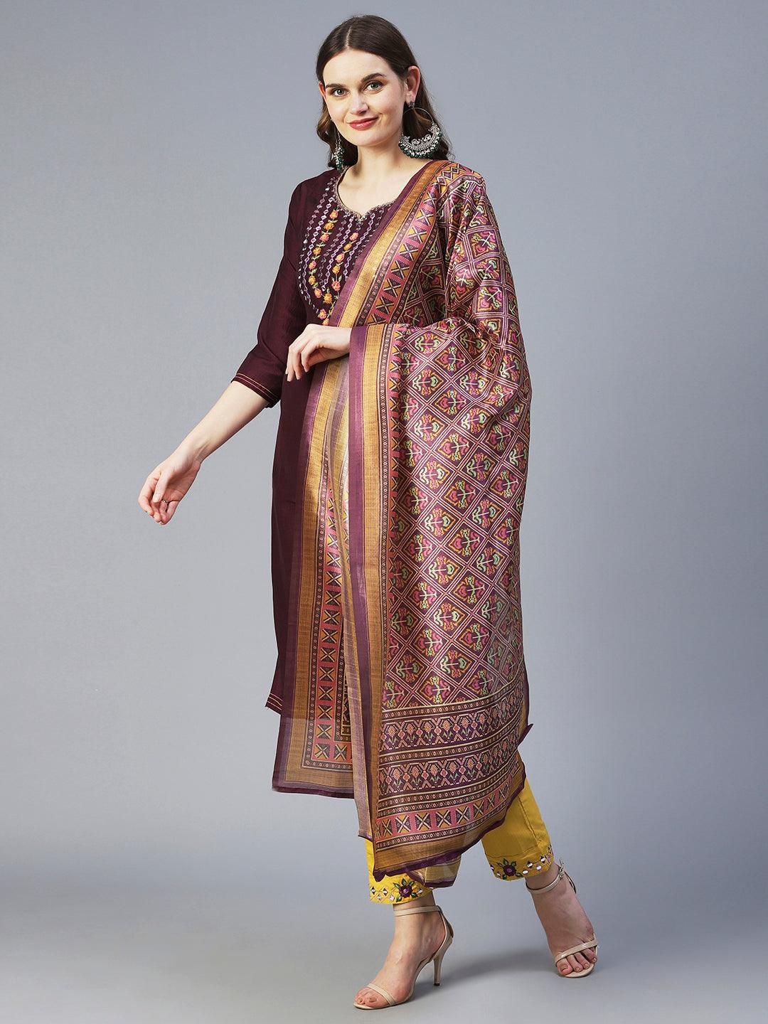 Solid Resham Embroidered Kurta With Pants & Printed Dupatta - Dark Mauve - Indiakreations