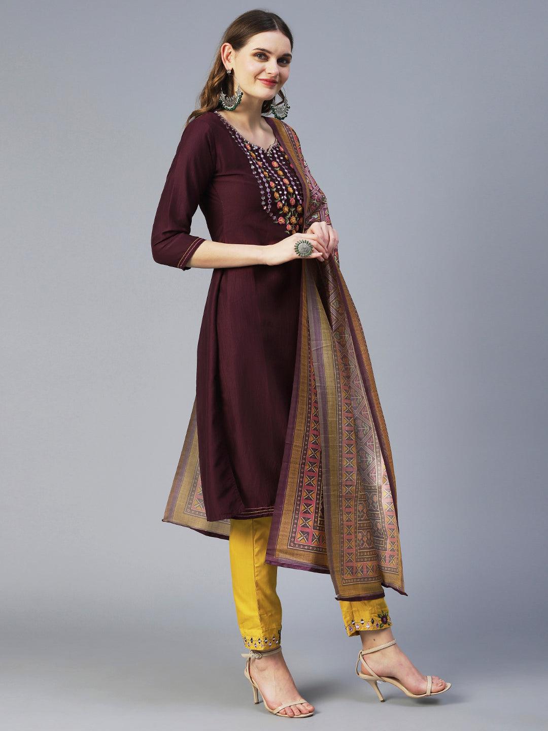 Solid Resham Embroidered Kurta With Pants & Printed Dupatta - Dark Mauve - Indiakreations