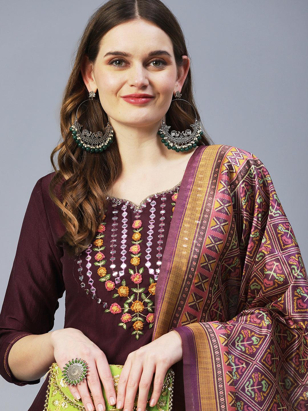 Solid Resham Embroidered Kurta With Pants & Printed Dupatta - Dark Mauve - Indiakreations