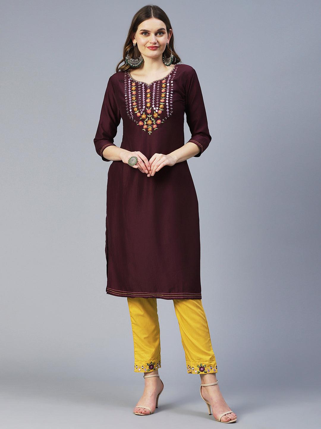 Solid Resham Embroidered Kurta With Pants & Printed Dupatta - Dark Mauve - Indiakreations