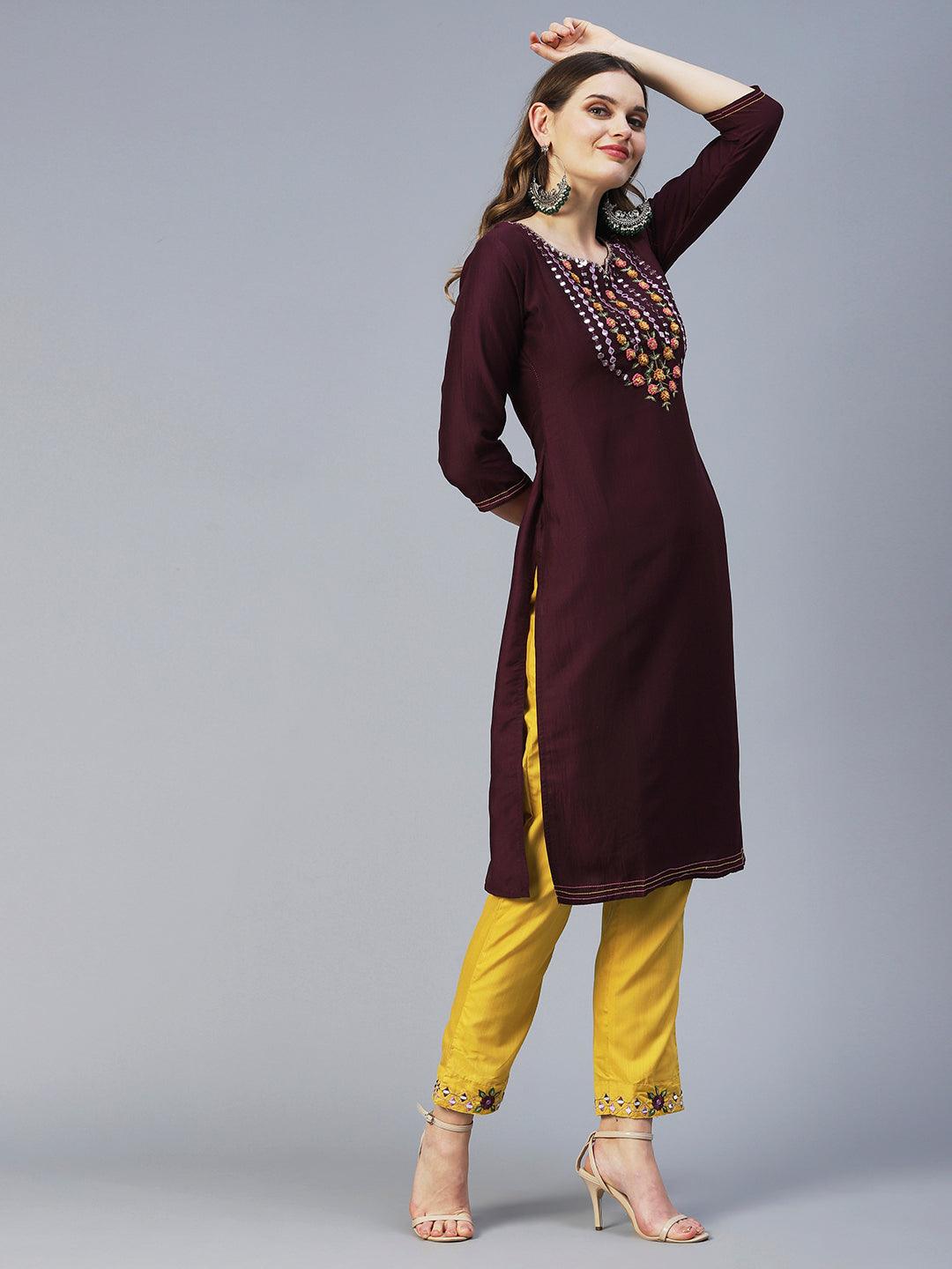 Solid Resham Embroidered Kurta With Pants & Printed Dupatta - Dark Mauve - Indiakreations