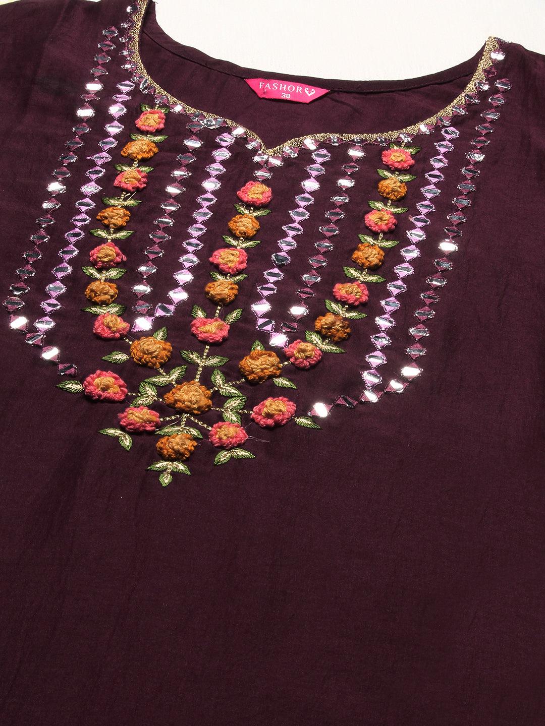 Solid Resham Embroidered Kurta With Pants & Printed Dupatta - Dark Mauve - Indiakreations