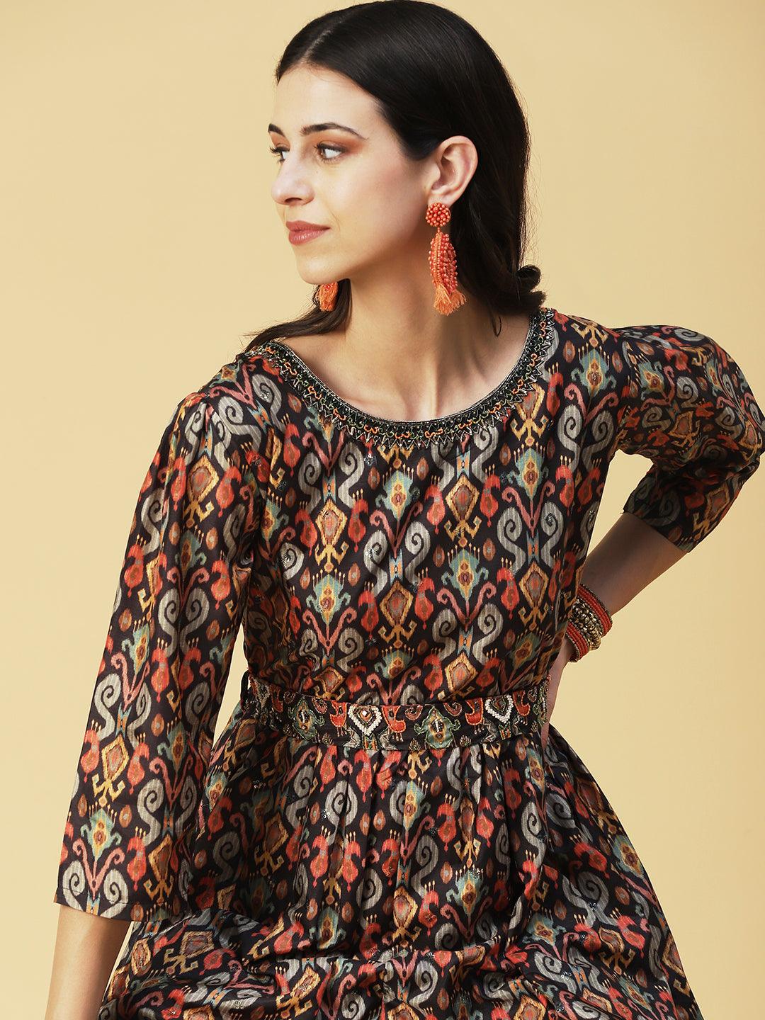 Ikkat Printed Embroidered Dress With Embroidered Belt - Multi - Indiakreations