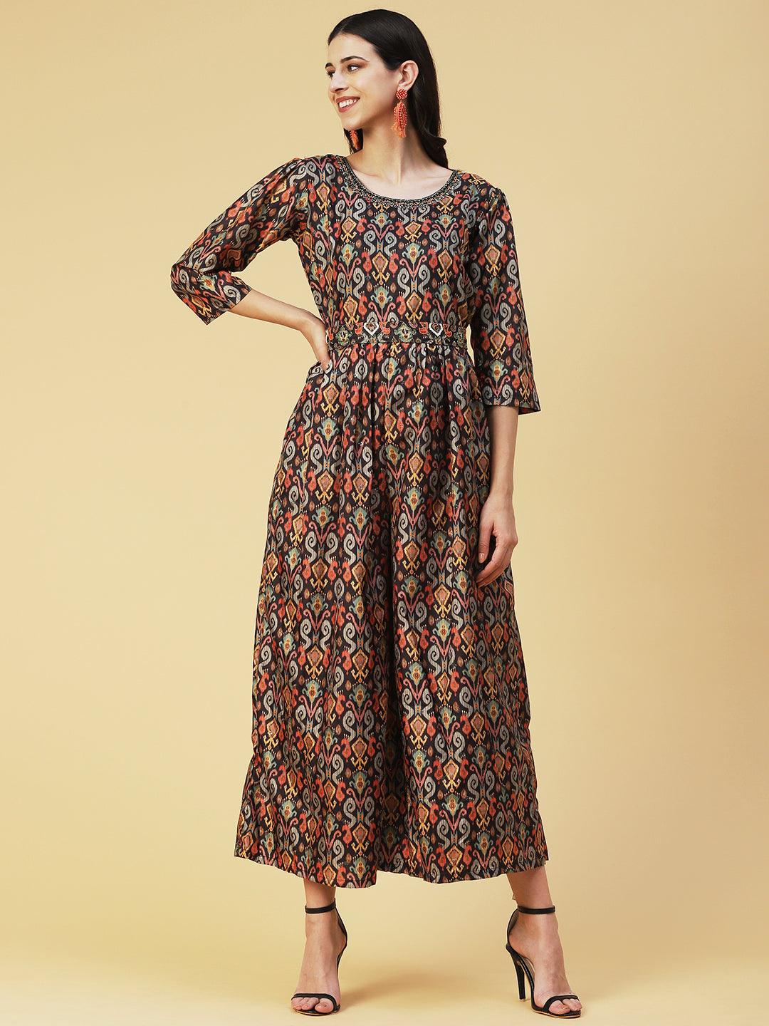 Ikkat Printed Embroidered Dress With Embroidered Belt - Multi - Indiakreations