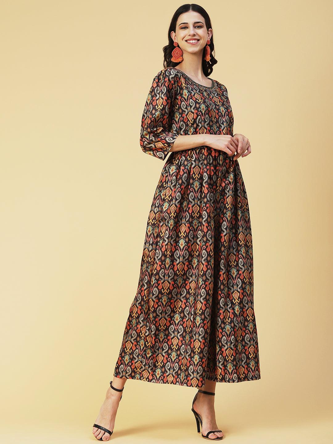 Ikkat Printed Embroidered Dress With Embroidered Belt - Multi - Indiakreations