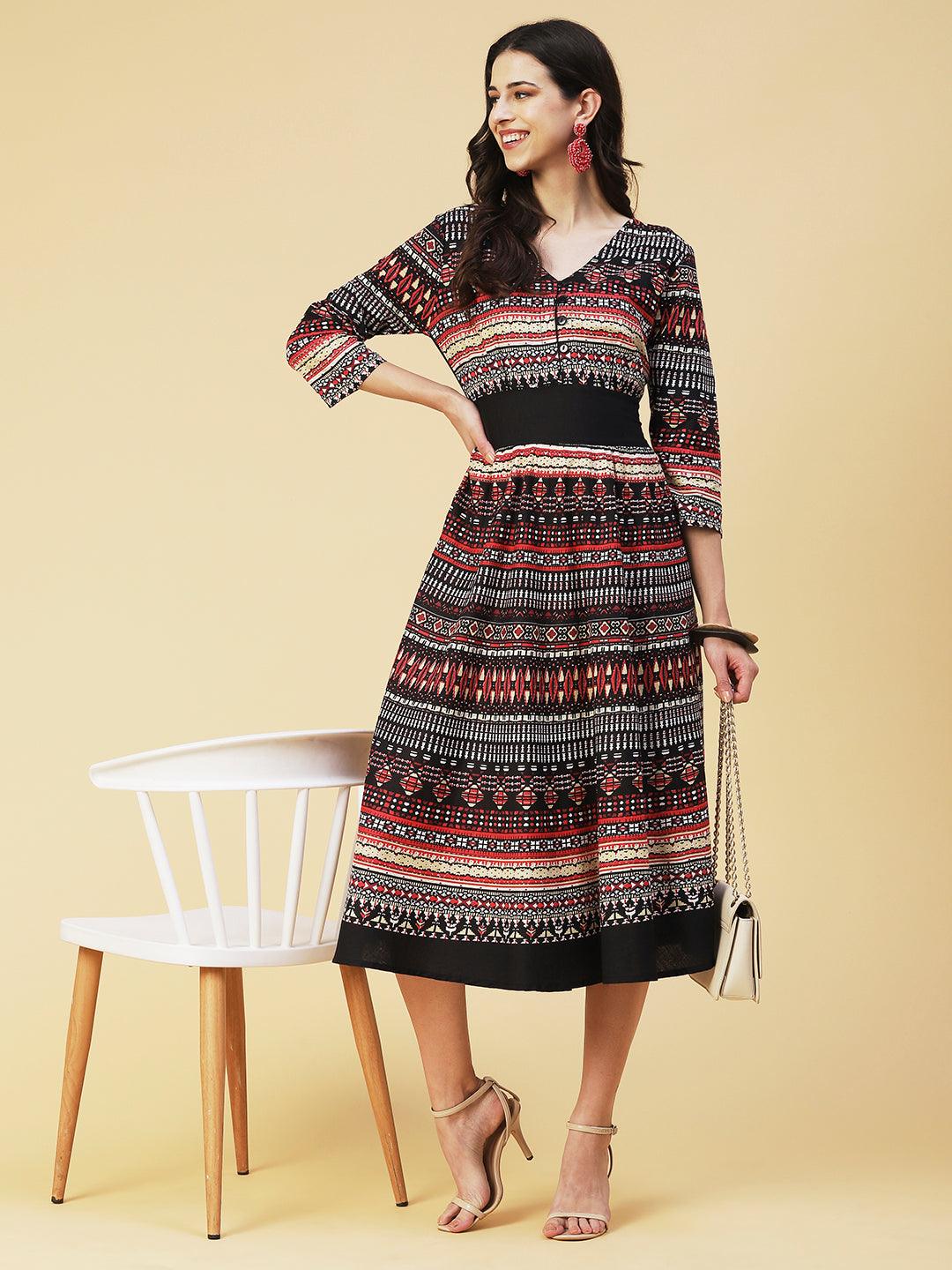 Abstract Bohemian Printed Midi Dress - Black & Multi - Indiakreations