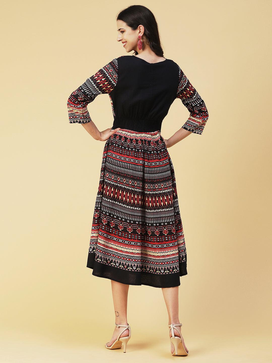 Abstract Bohemian Printed Midi Dress - Black & Multi - Indiakreations