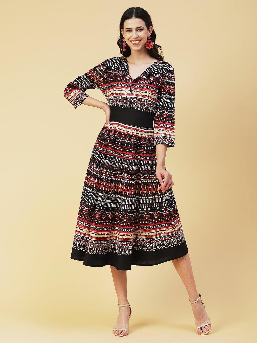 Abstract Bohemian Printed Midi Dress - Black & Multi - Indiakreations