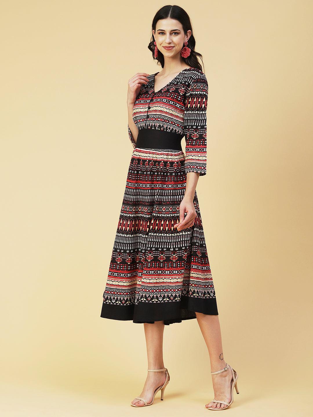 Abstract Bohemian Printed Midi Dress - Black & Multi - Indiakreations