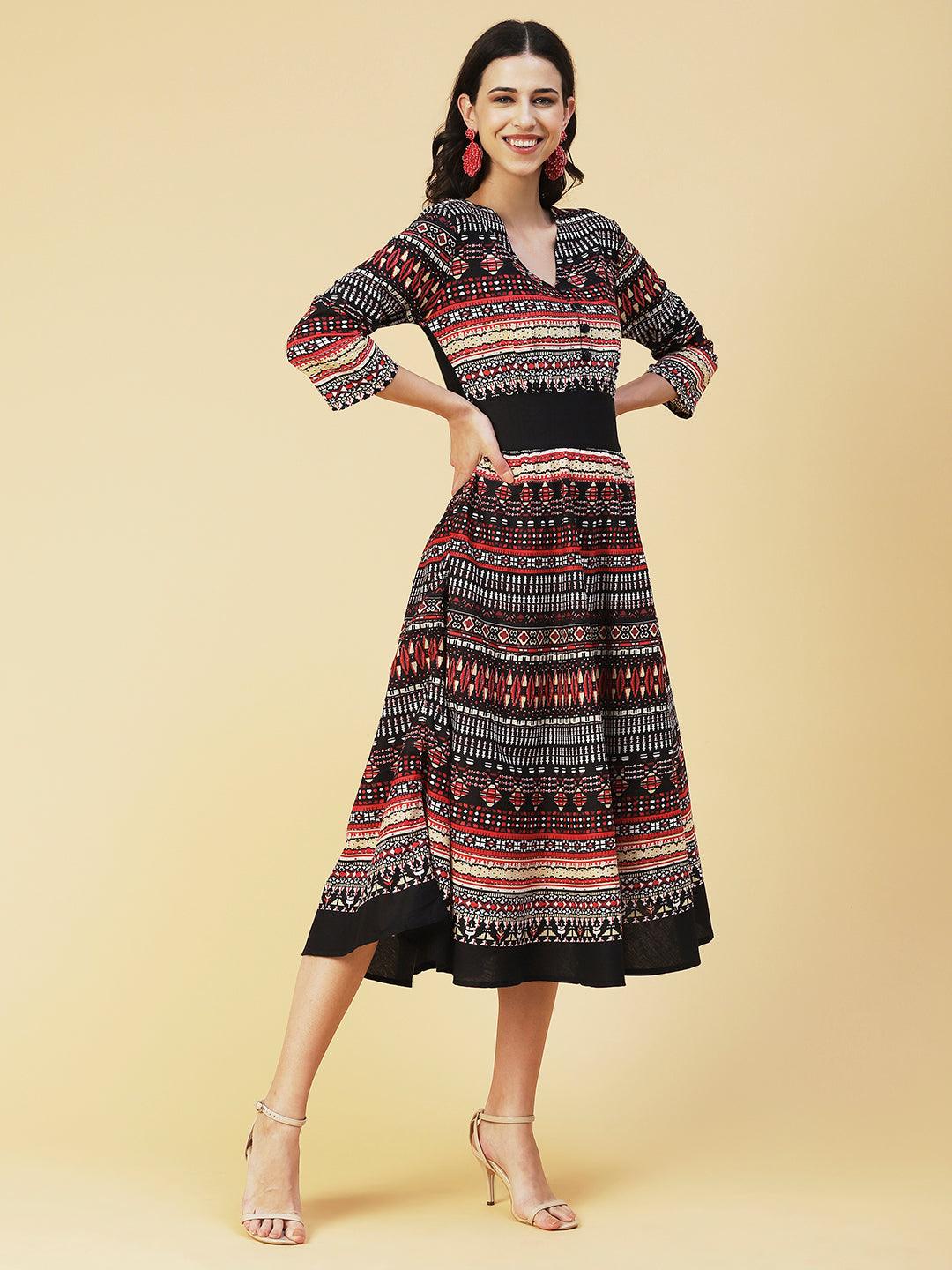 Abstract Bohemian Printed Midi Dress - Black & Multi - Indiakreations