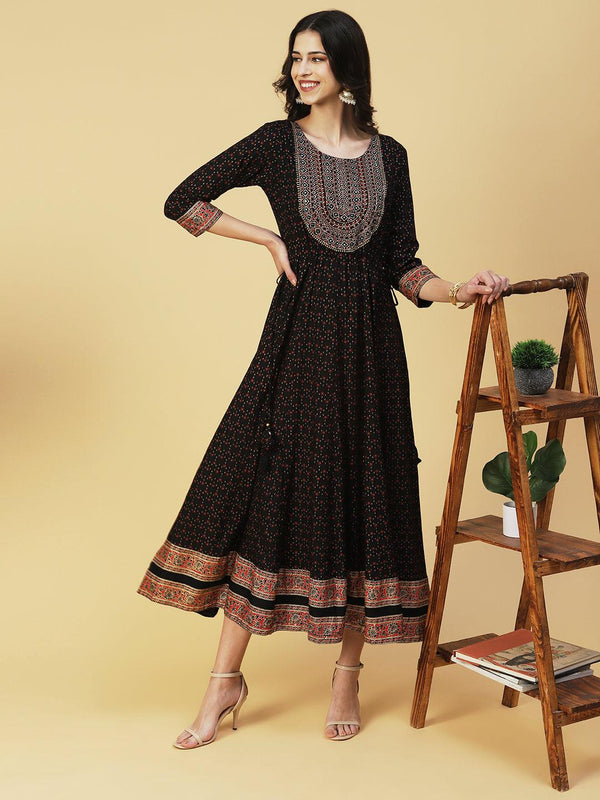 Floral Printed Mirror Embroidered Anarkali Dress - Black - Indiakreations