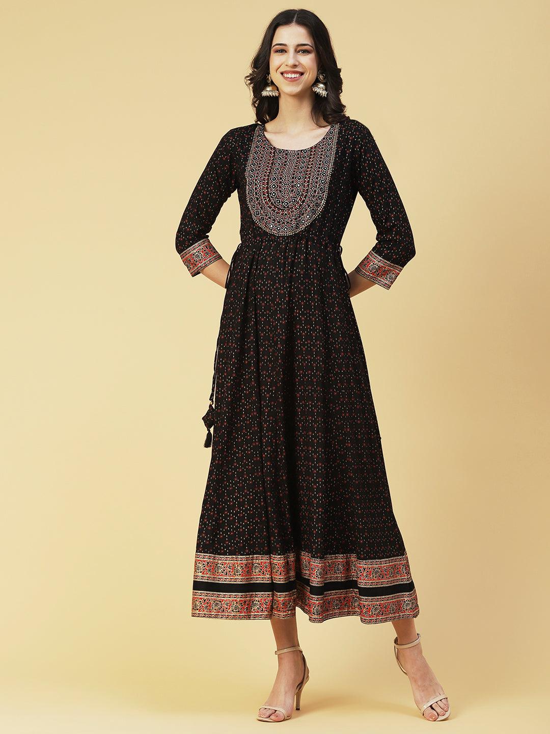 Floral Printed Mirror Embroidered Anarkali Dress - Black - Indiakreations