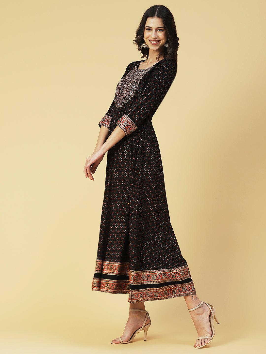 Floral Printed Mirror Embroidered Anarkali Dress - Black - Indiakreations