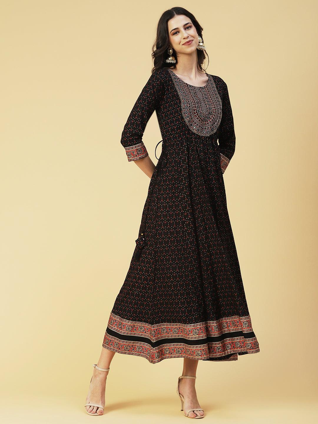 Floral Printed Mirror Embroidered Anarkali Dress - Black - Indiakreations