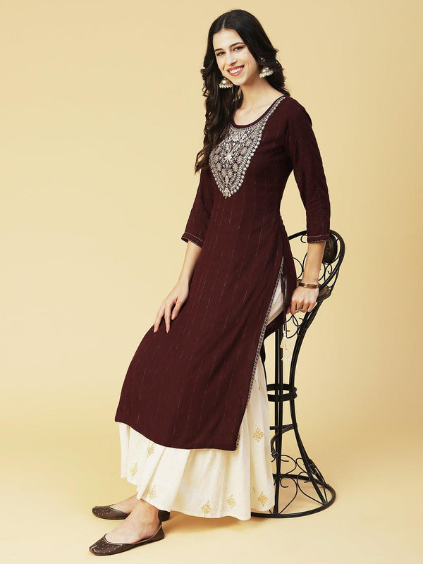 Solid Resham & Zari Embroidered Kurta - Dark Brown - Indiakreations