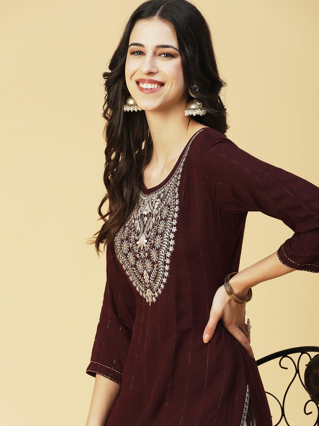 Solid Resham & Zari Embroidered Kurta - Dark Brown - Indiakreations