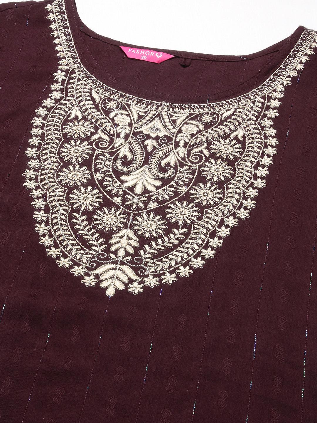 Solid Resham & Zari Embroidered Kurta - Dark Brown - Indiakreations