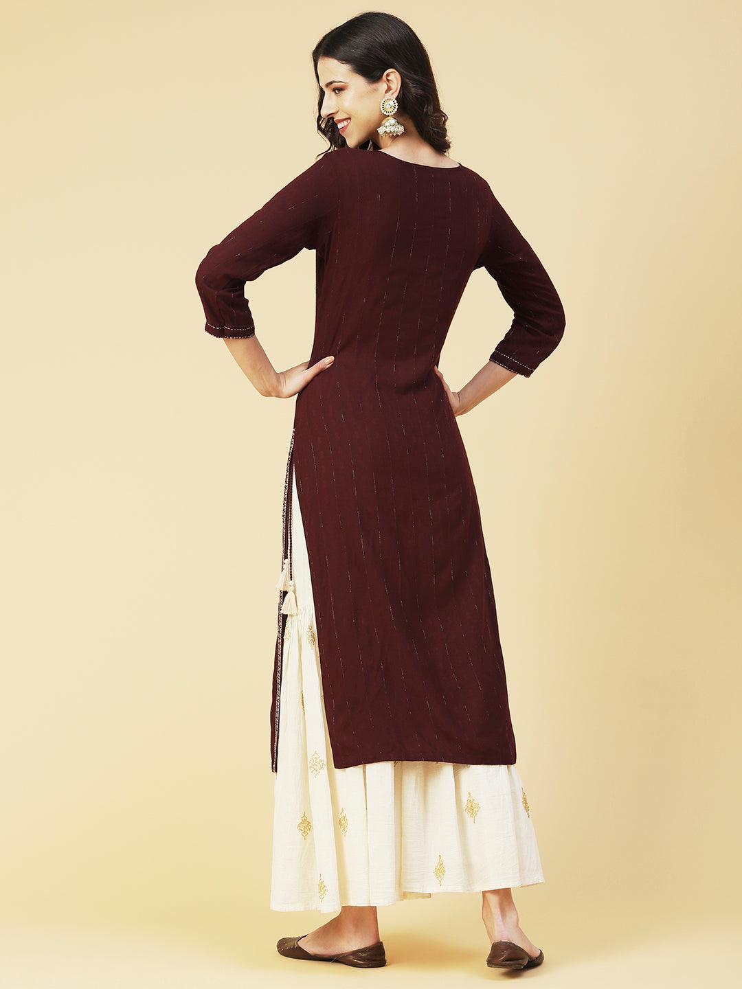 Solid Resham & Zari Embroidered Kurta - Dark Brown - Indiakreations