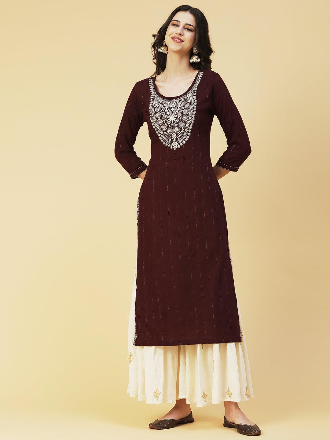 Solid Resham & Zari Embroidered Kurta - Dark Brown - Indiakreations