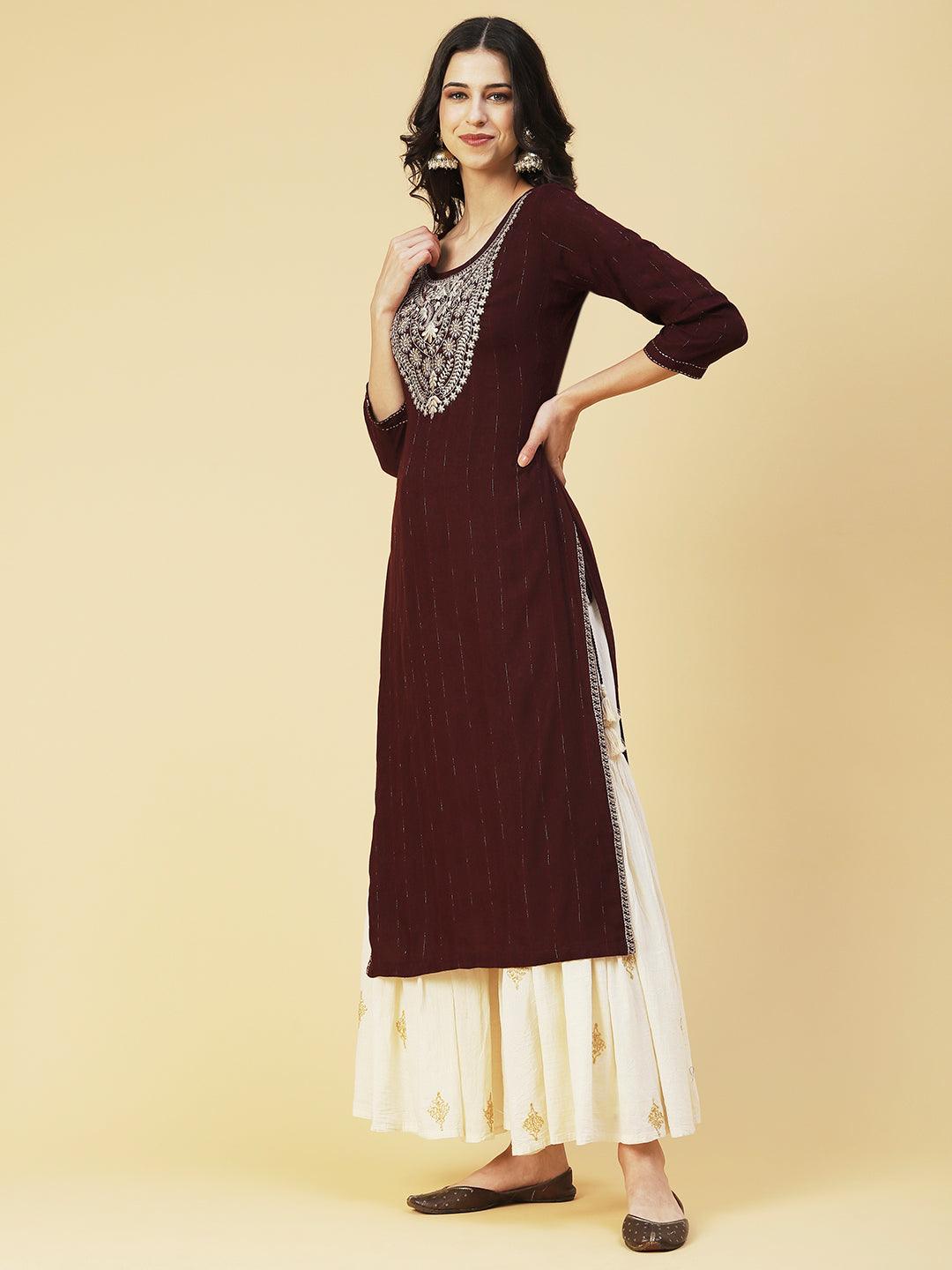 Solid Resham & Zari Embroidered Kurta - Dark Brown - Indiakreations