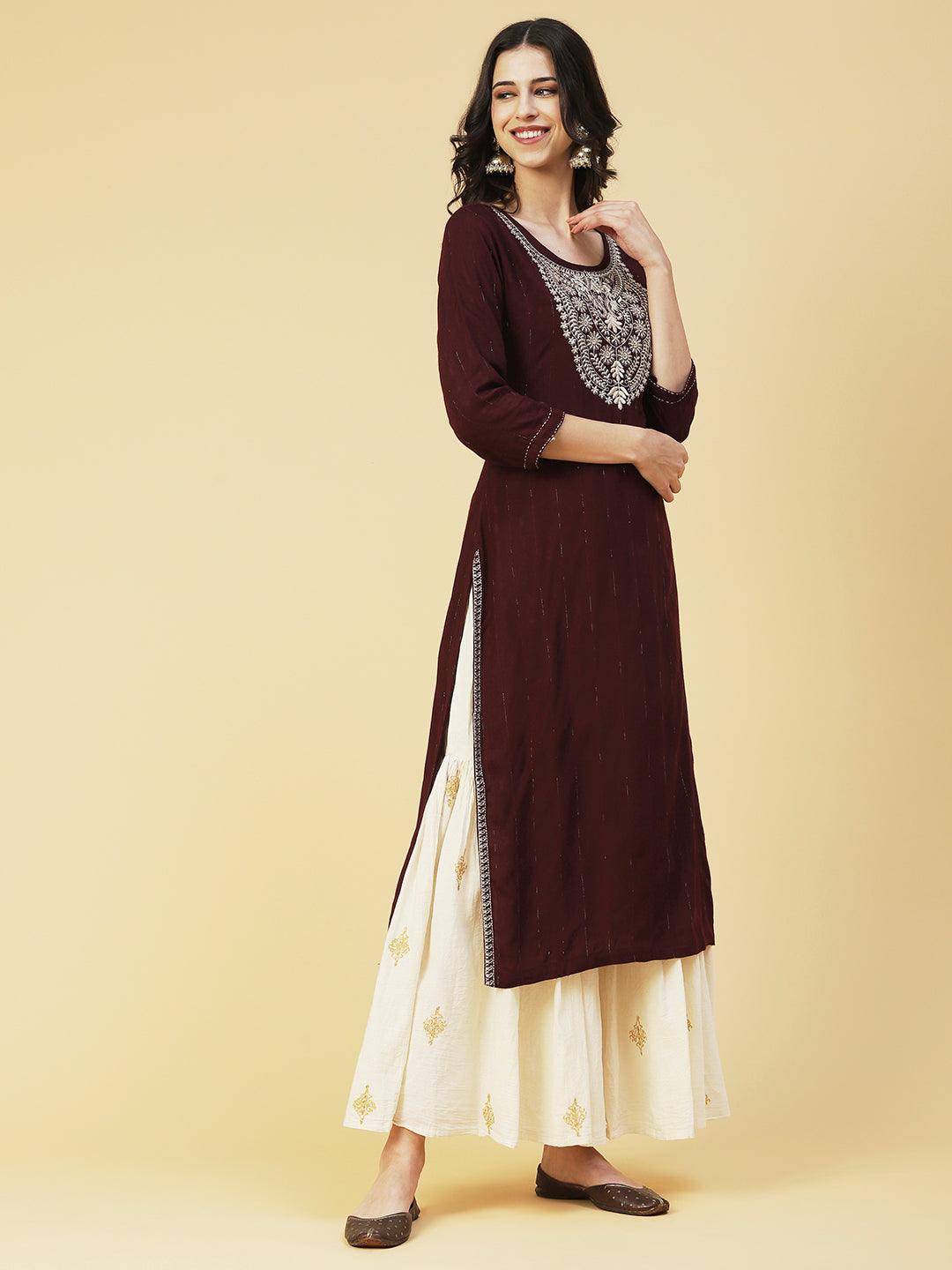 Solid Resham & Zari Embroidered Kurta - Dark Brown - Indiakreations