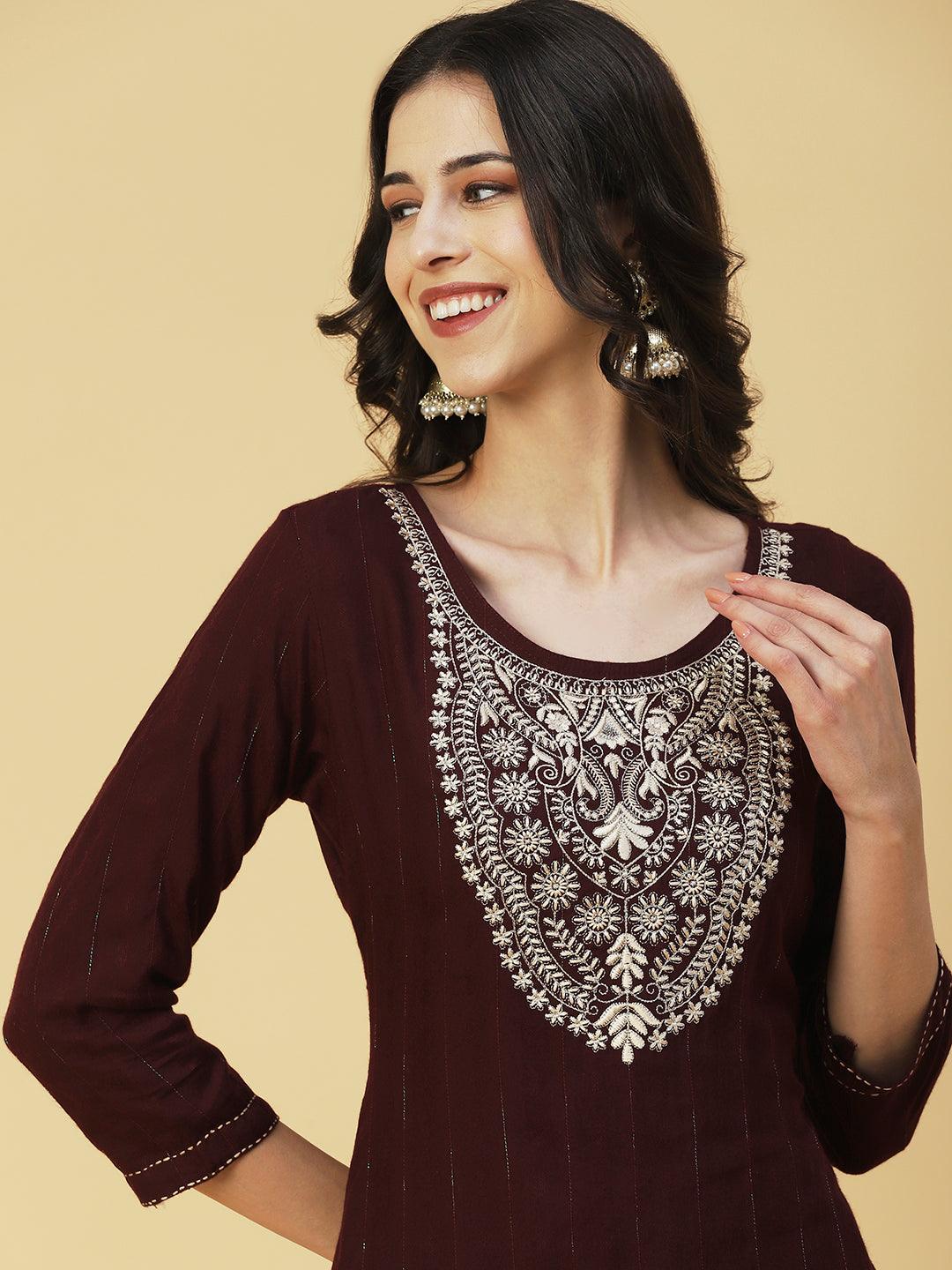 Solid Resham & Zari Embroidered Kurta - Dark Brown - Indiakreations