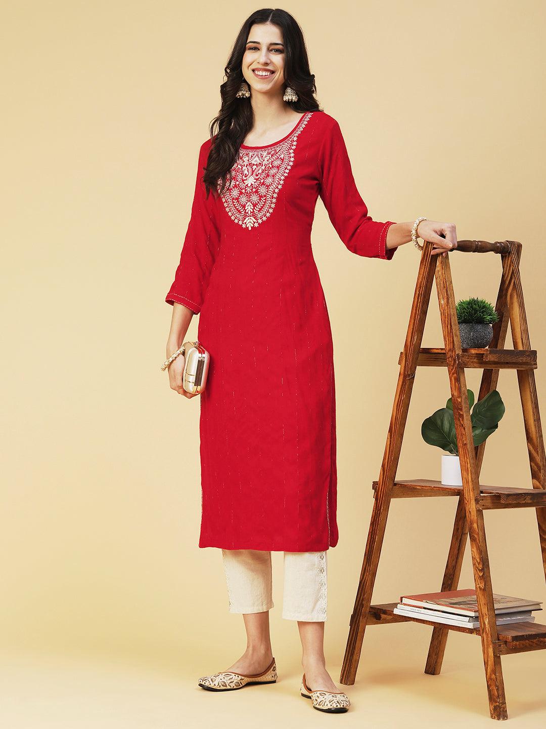 Solid Resham & Zari Embroidered Kurta - Red - Indiakreations