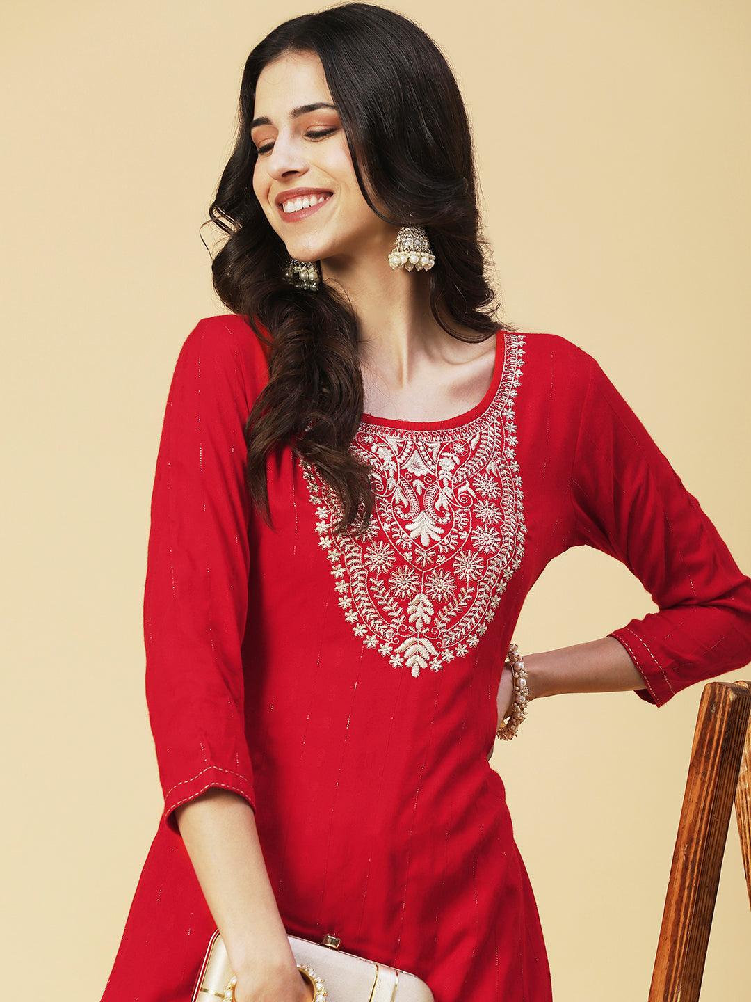 Solid Resham & Zari Embroidered Kurta - Red - Indiakreations