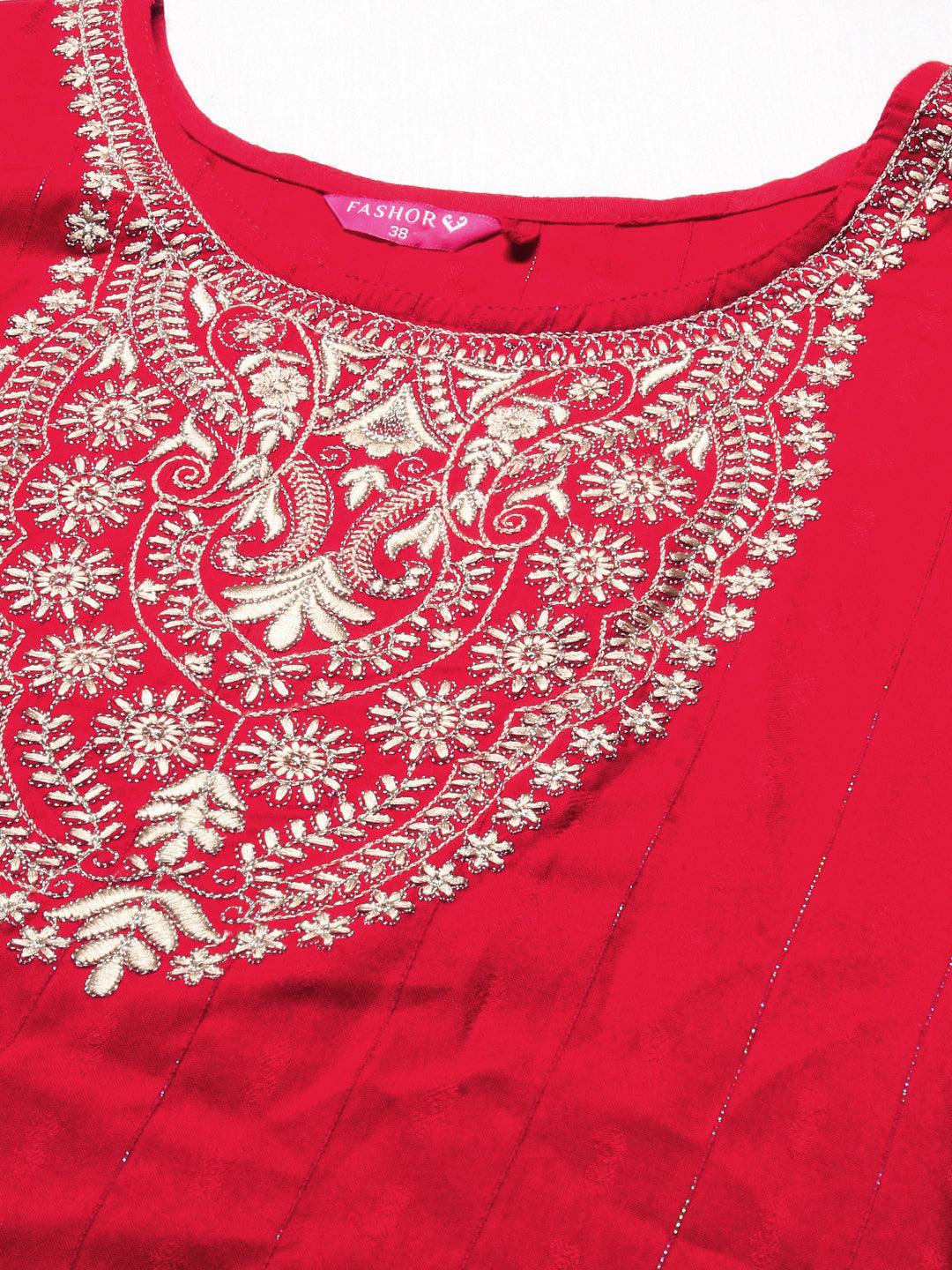 Solid Resham & Zari Embroidered Kurta - Red - Indiakreations