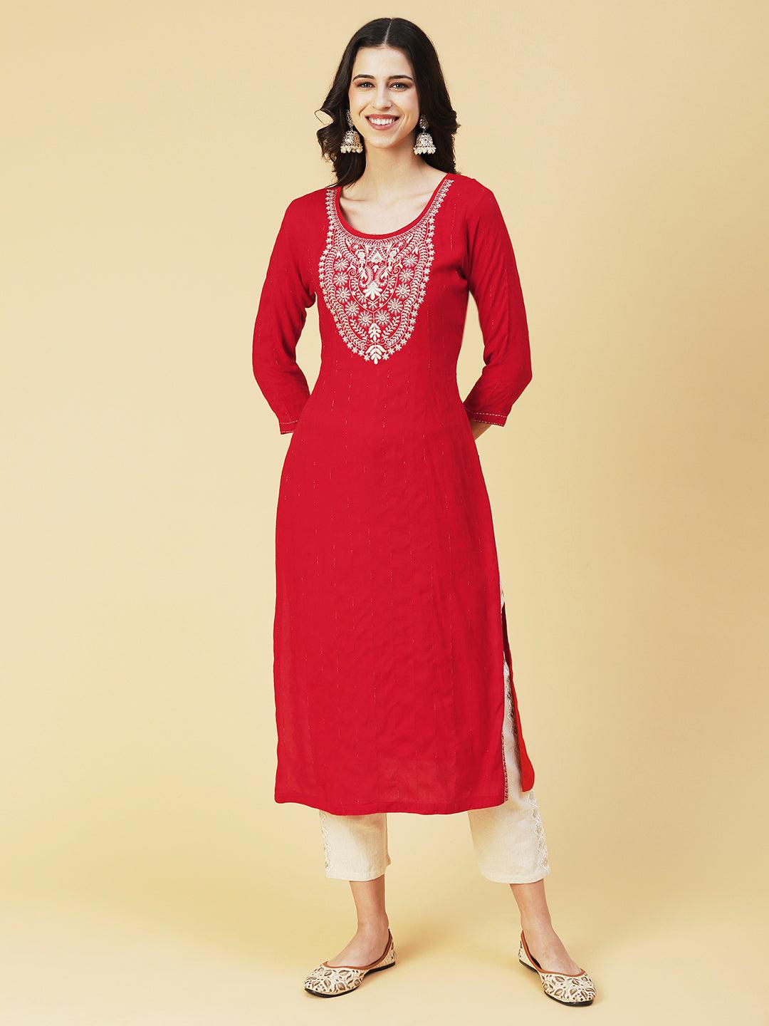 Solid Resham & Zari Embroidered Kurta - Red - Indiakreations