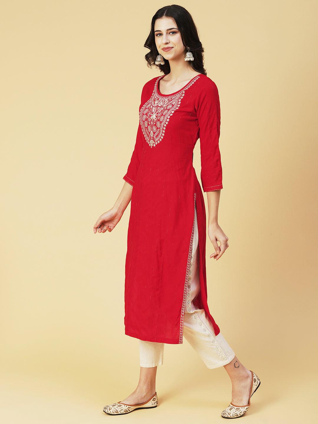 Solid Resham & Zari Embroidered Kurta - Red - Indiakreations