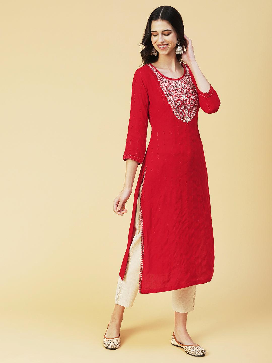 Solid Resham & Zari Embroidered Kurta - Red - Indiakreations