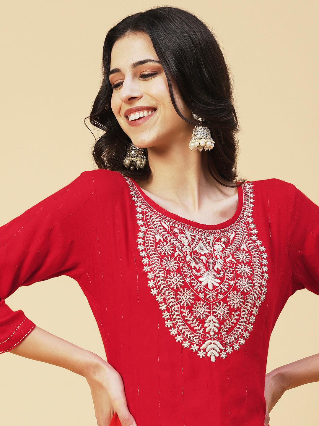 Solid Resham & Zari Embroidered Kurta - Red - Indiakreations