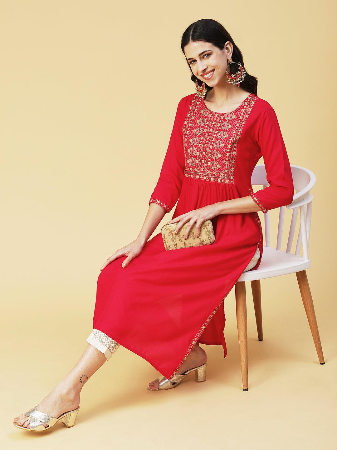 Ethnic Embroidered A-Line Kurta - Pink - Indiakreations