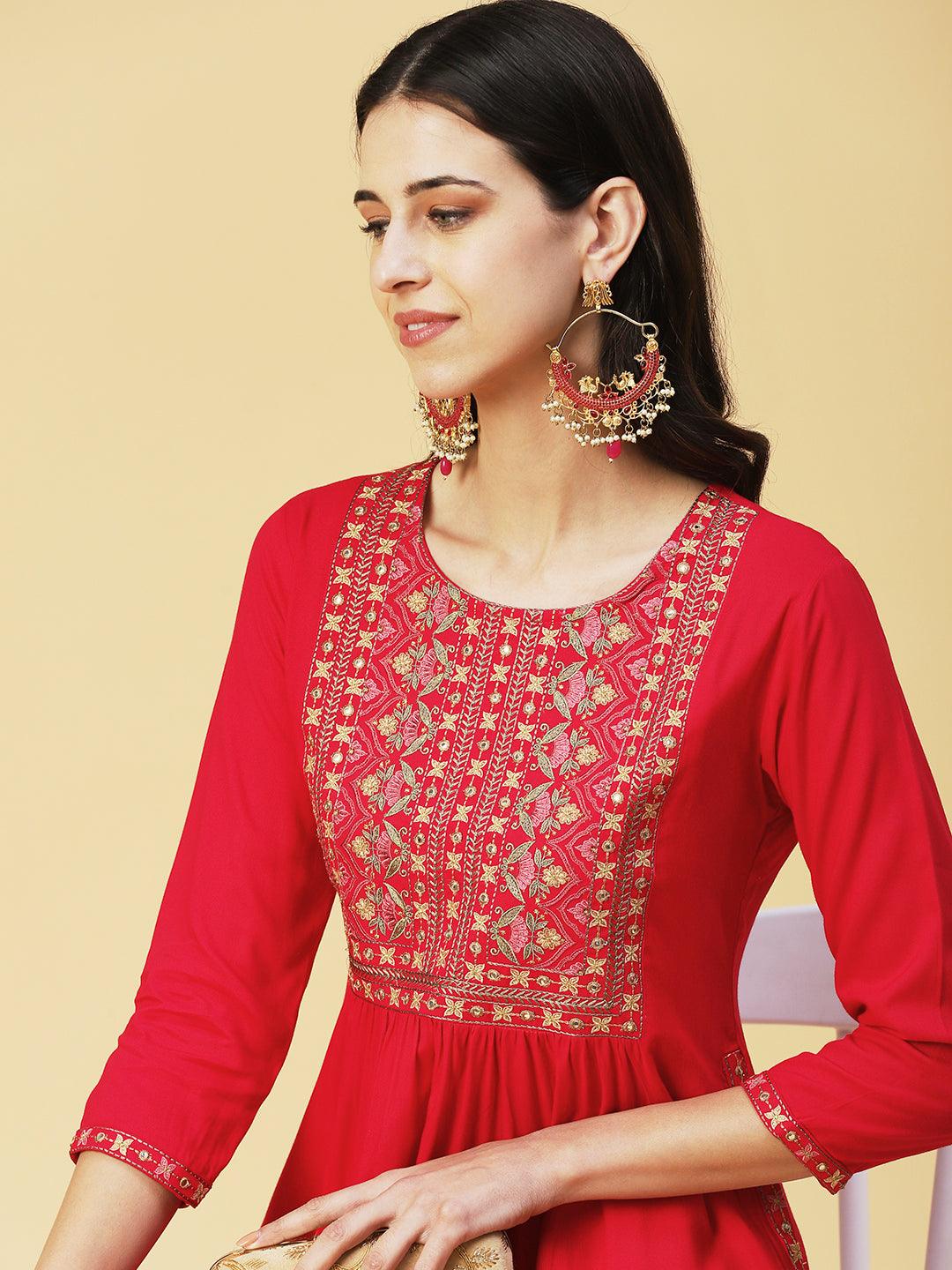 Ethnic Embroidered A-Line Kurta - Pink - Indiakreations