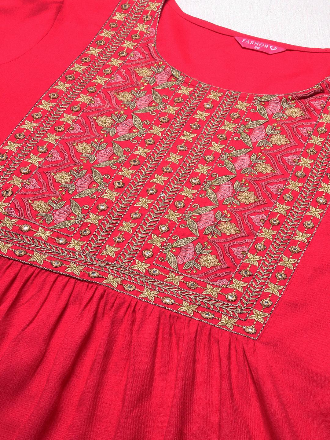 Ethnic Embroidered A-Line Kurta - Pink - Indiakreations