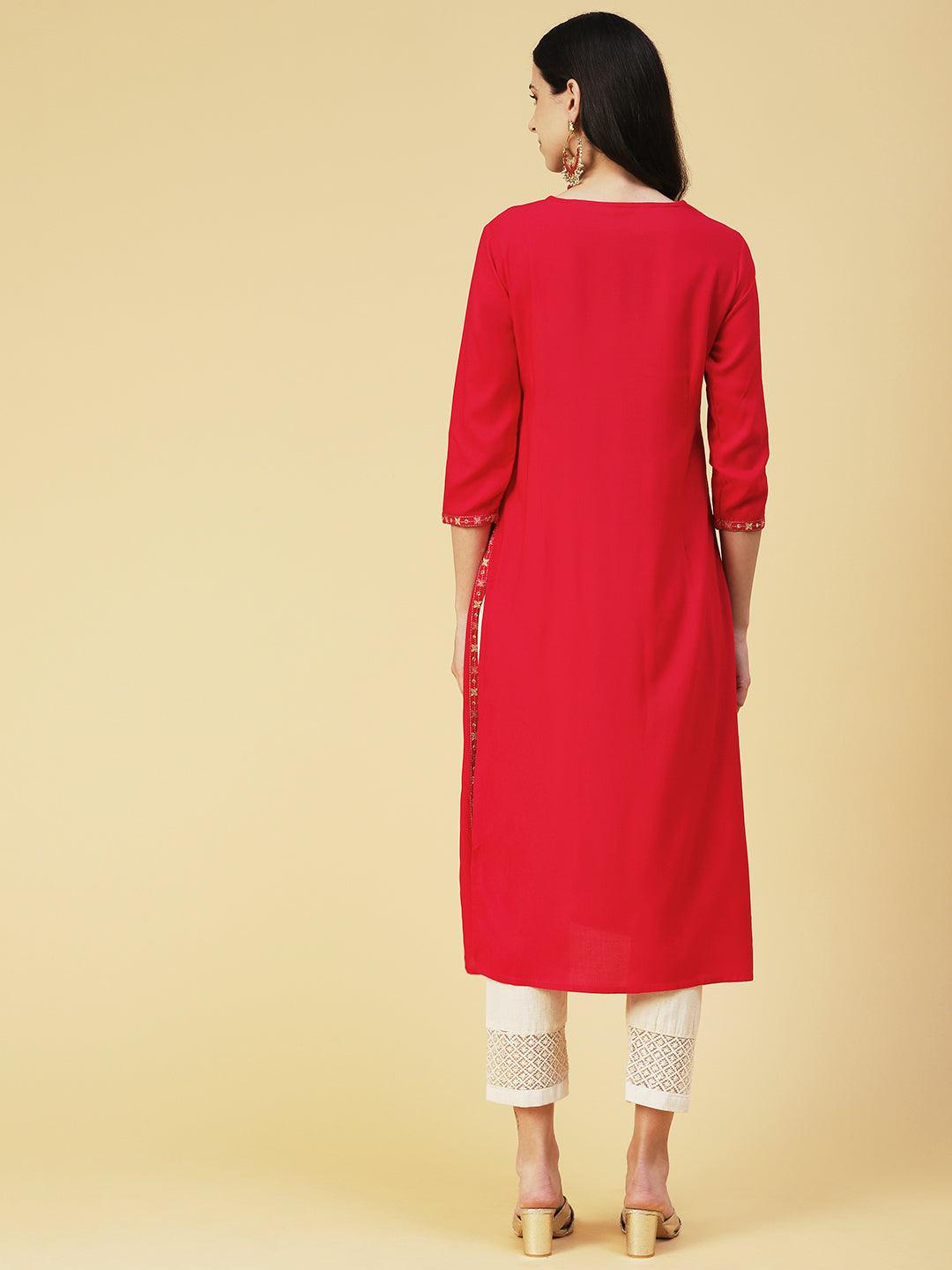 Ethnic Embroidered A-Line Kurta - Pink - Indiakreations