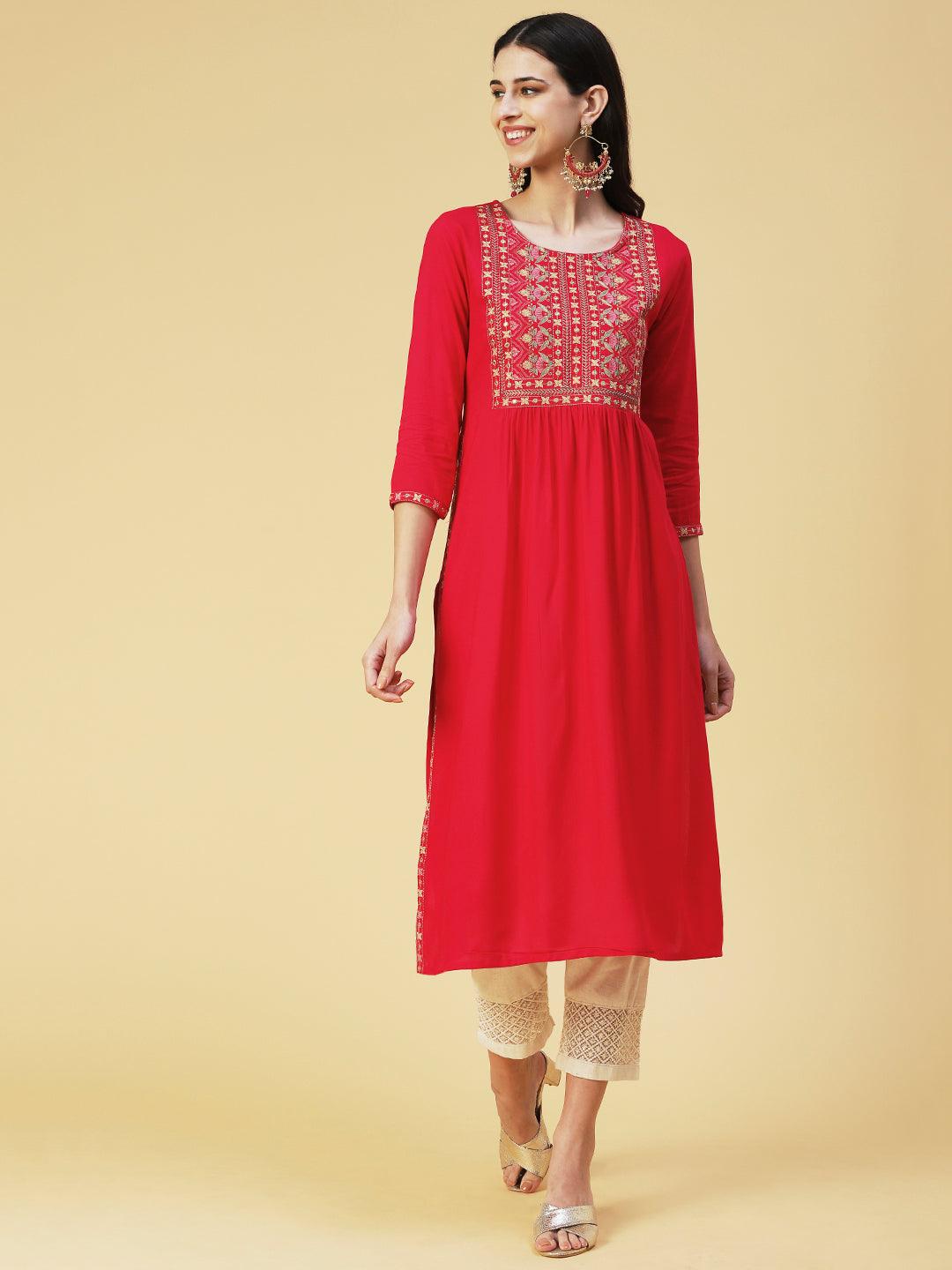 Ethnic Embroidered A-Line Kurta - Pink - Indiakreations