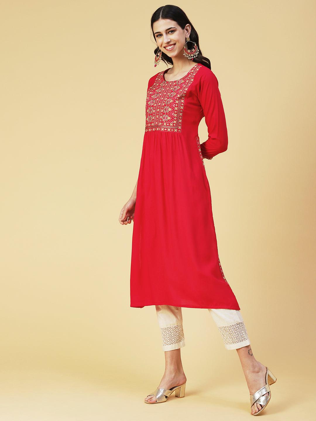 Ethnic Embroidered A-Line Kurta - Pink - Indiakreations