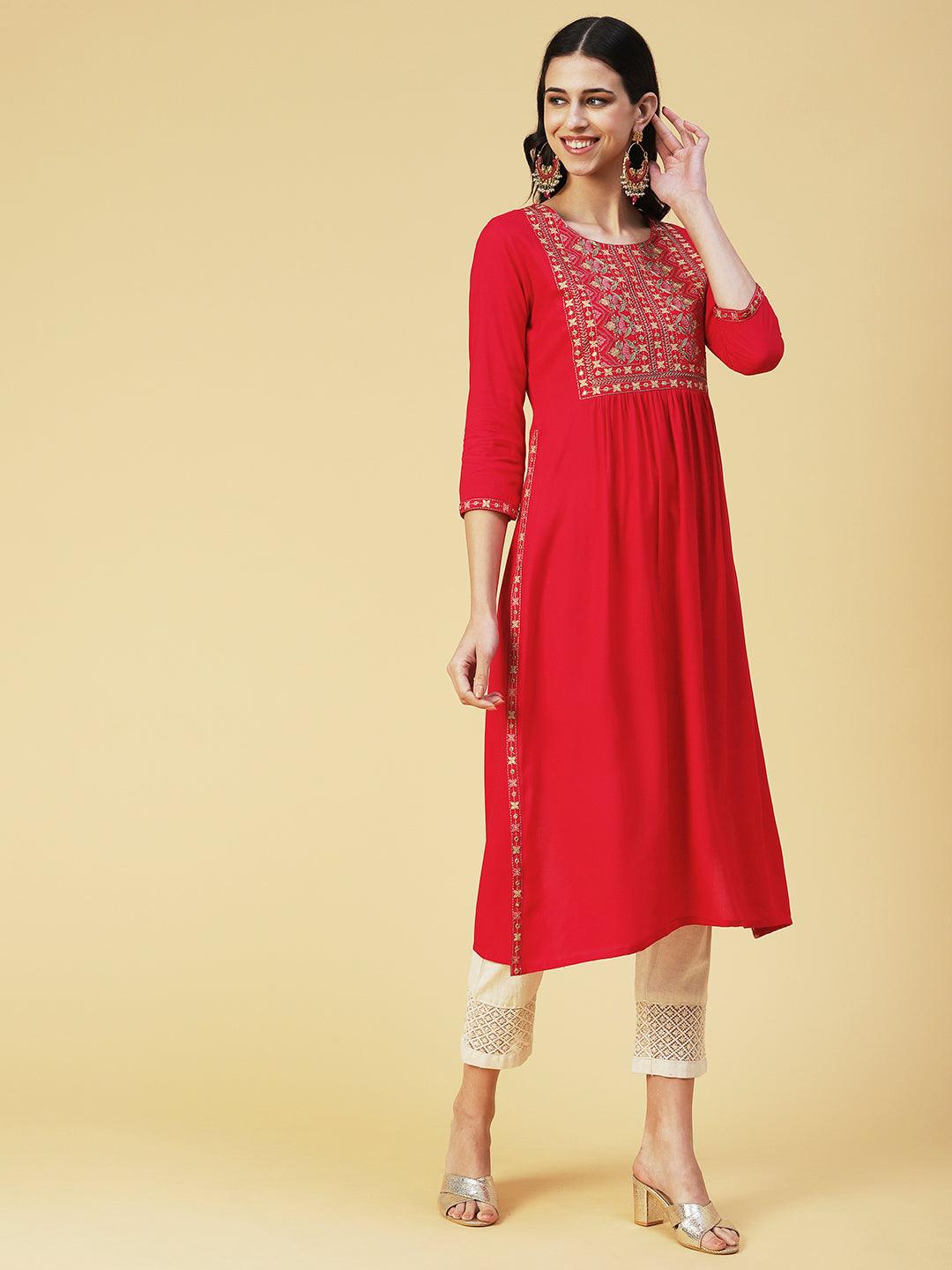 Ethnic Embroidered A-Line Kurta - Pink - Indiakreations