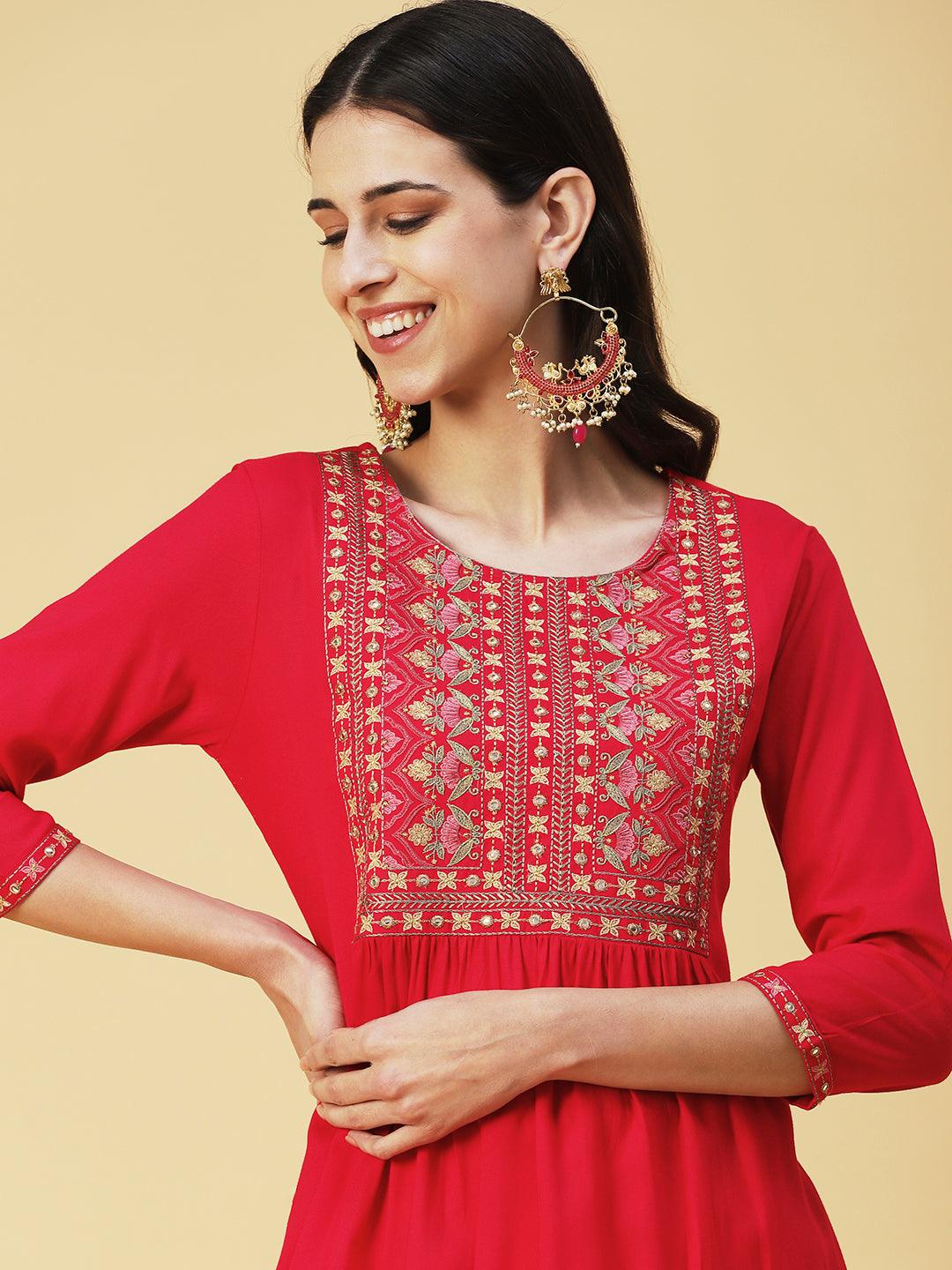 Ethnic Embroidered A-Line Kurta - Pink - Indiakreations