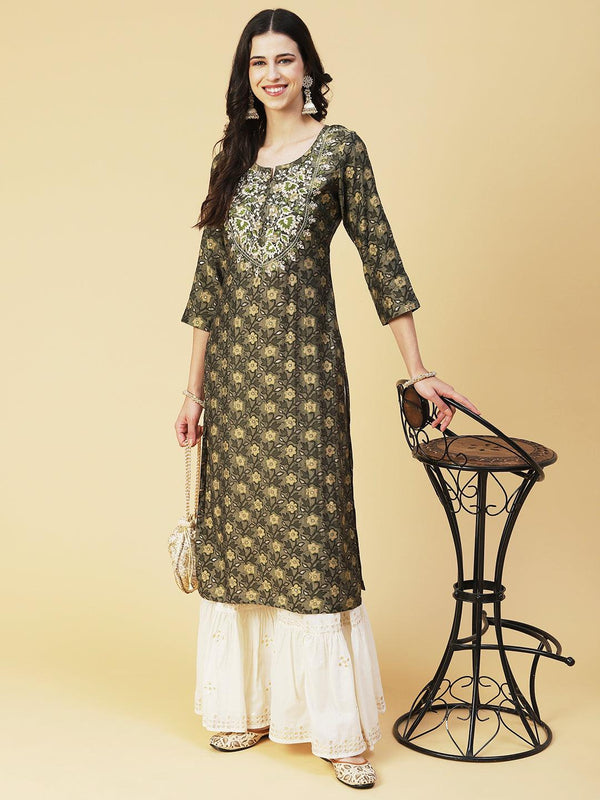 Floral Printed Mirror Embroidered Kurta - Dark Green - Indiakreations