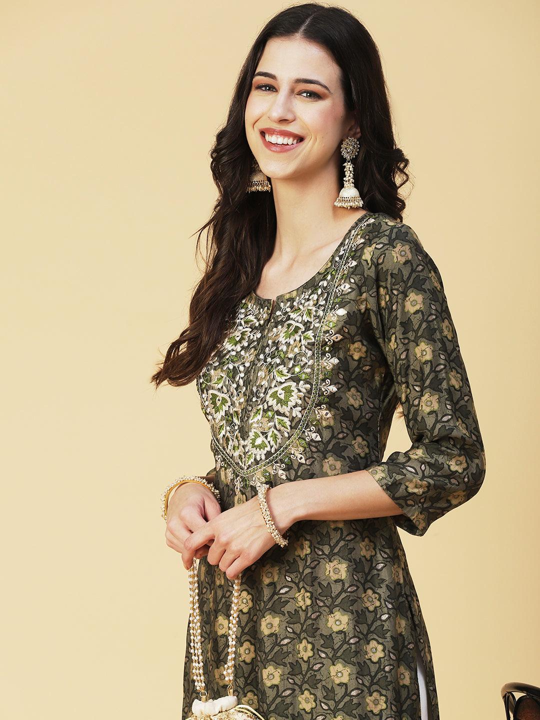 Floral Printed Mirror Embroidered Kurta - Dark Green - Indiakreations